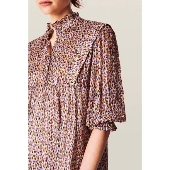 Ba&sh Multicolored Deep Blouson Sleeve Mini Dress Ecru Size 6 - Picture 2 of 7